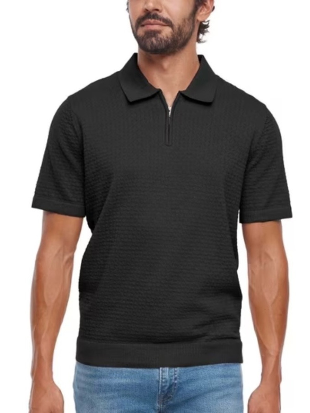 Express Quarter-Zip Black Short Sleeve Textured Sweater Polo size large